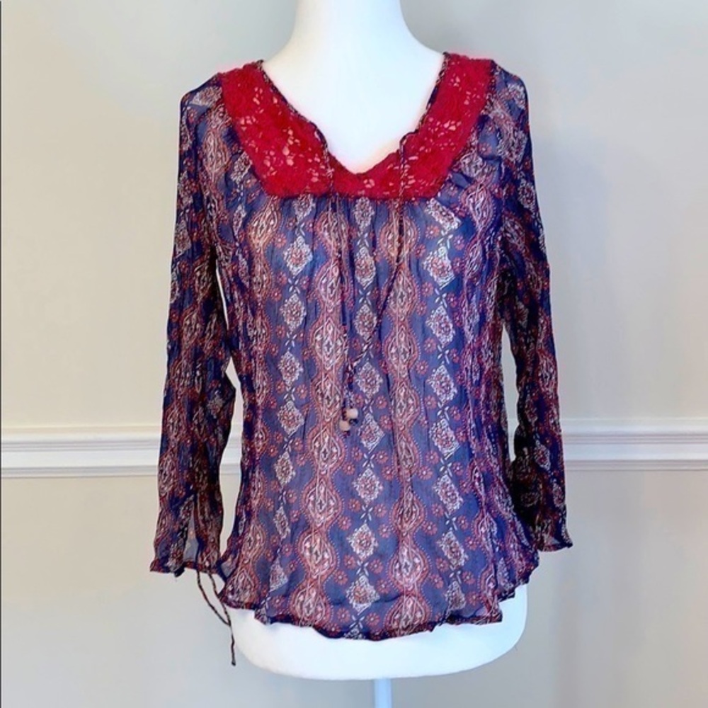 LUCKY BRAND Sheer Boho Blue and Red Top S